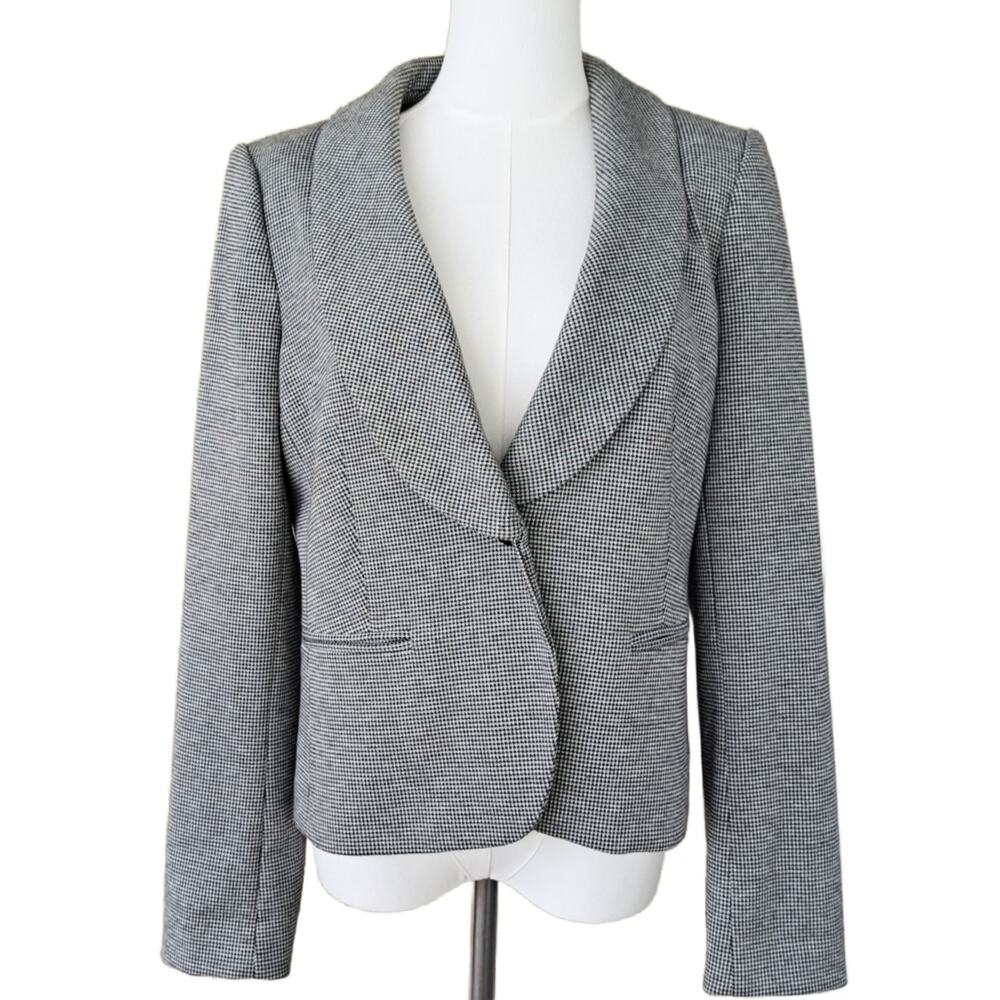 CALVIN KLEIN Houndstooth Blazer Jacket 12 Petite Black White Shawl Collar
